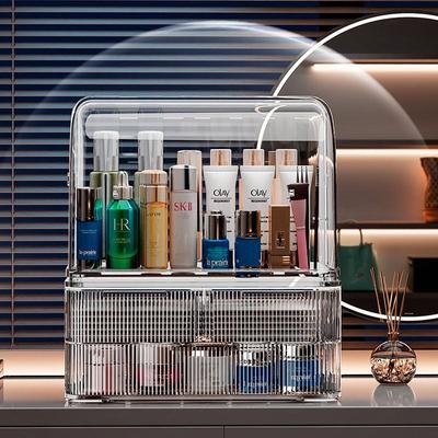 Elegante Organizer Cosmetico a Doppio Strato Antipolvere con Coperchio Ribaltabile per Trucco e Cura della Pelle.