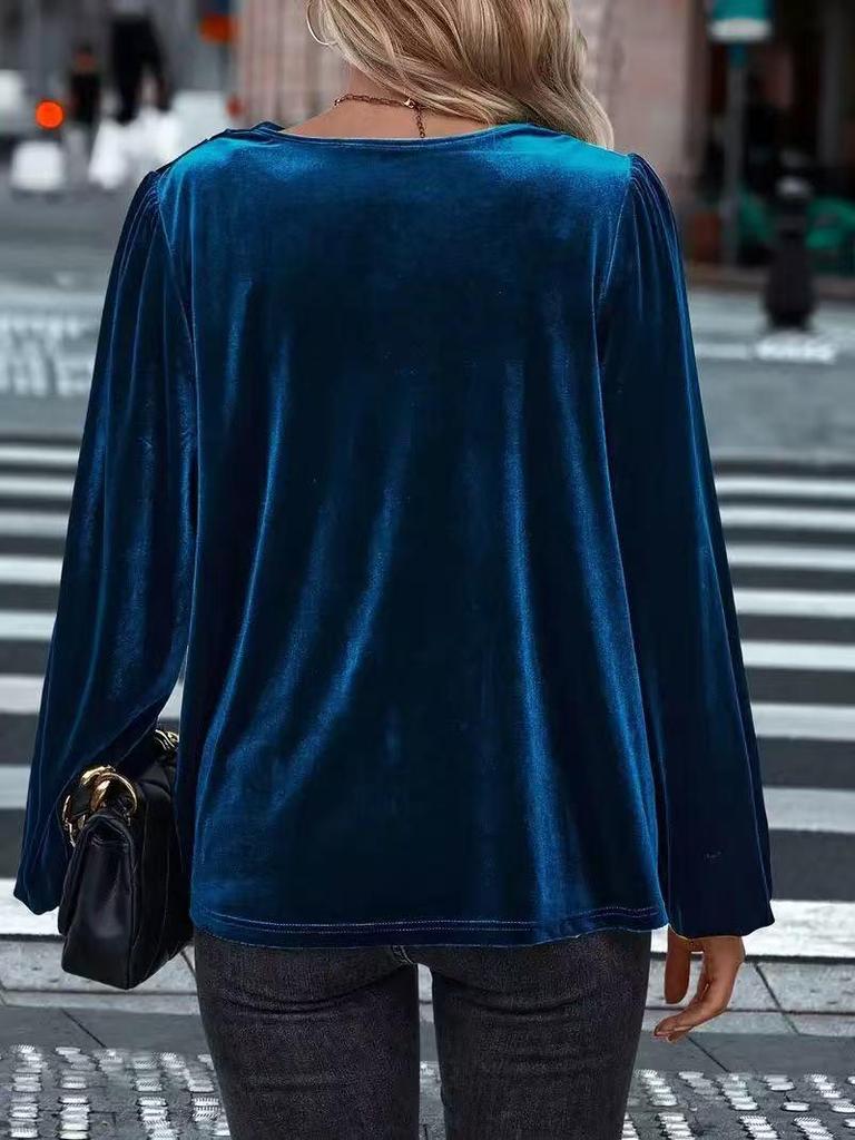 Autumn/Winter Women's Golden Velvet High Neck Puff Sleeve Top