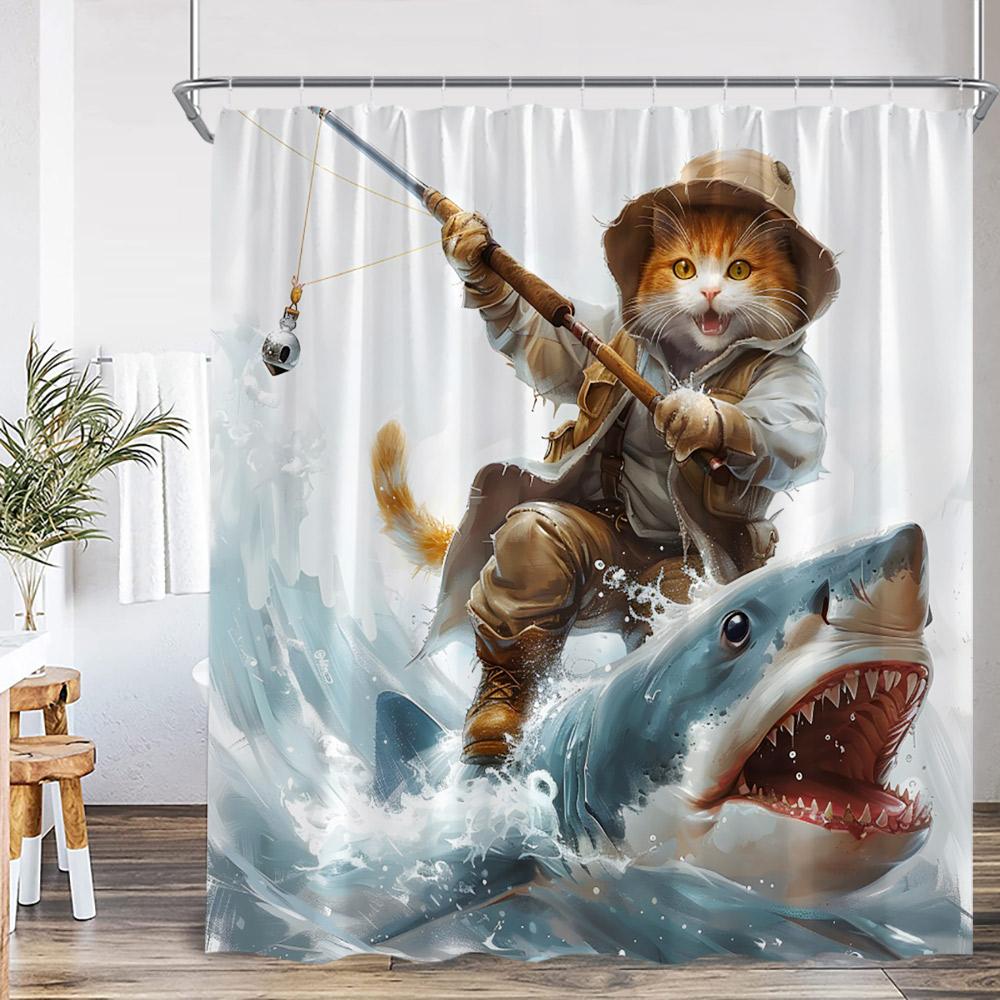 Funny Animals Shower Curtain Cat Riding Shark Corgi Dog Cartoon Children Bathroom Curtain Kids Polyester Bath Decor with Hooks
