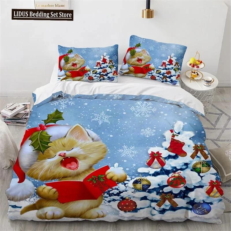 

Cat Merry Christmas Santa Claus Bedding Set Boys Girls Twin Queen Size Duvet Cover Pillowcase Bed Boys Adult Home Textileextile 70x133cm 2pcs