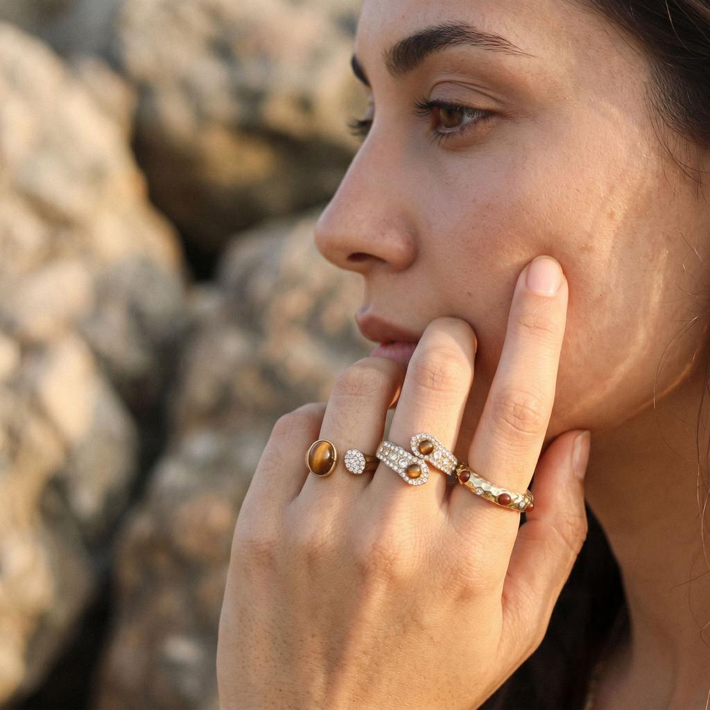Women's Retro Tiger Eye Stone Open Ring Alloy Jewelry Set