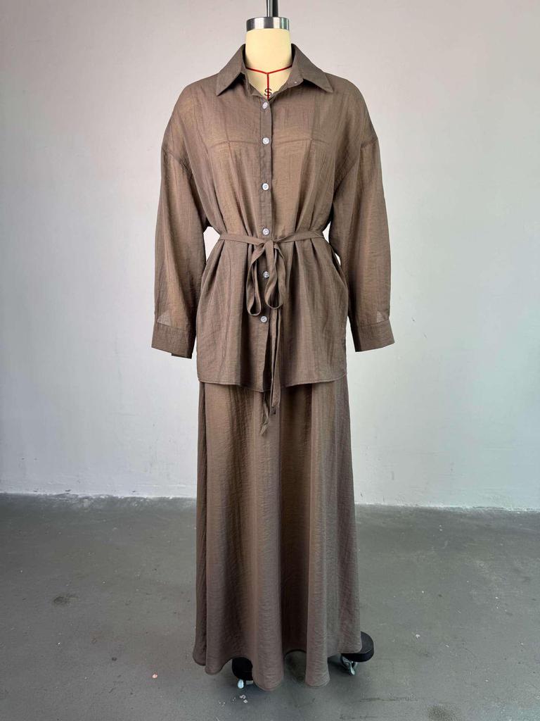 European & American Women's Spring/Summer 2025 Fashion: Loose Turn-down Collar Long-Sleeve Shirt & High-Waist Midi Skirt Set