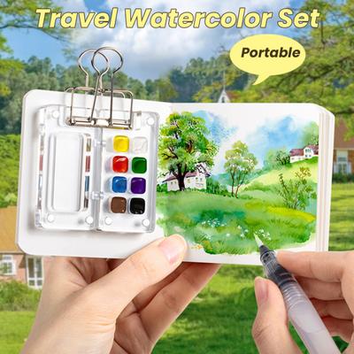 Mini Aquarellkasten Reise Aquarellfarben Set mit Skizzenbuch Büroklammer Stift Tragbare Aquarellpalette mit 12/24 Farben für Anfänger