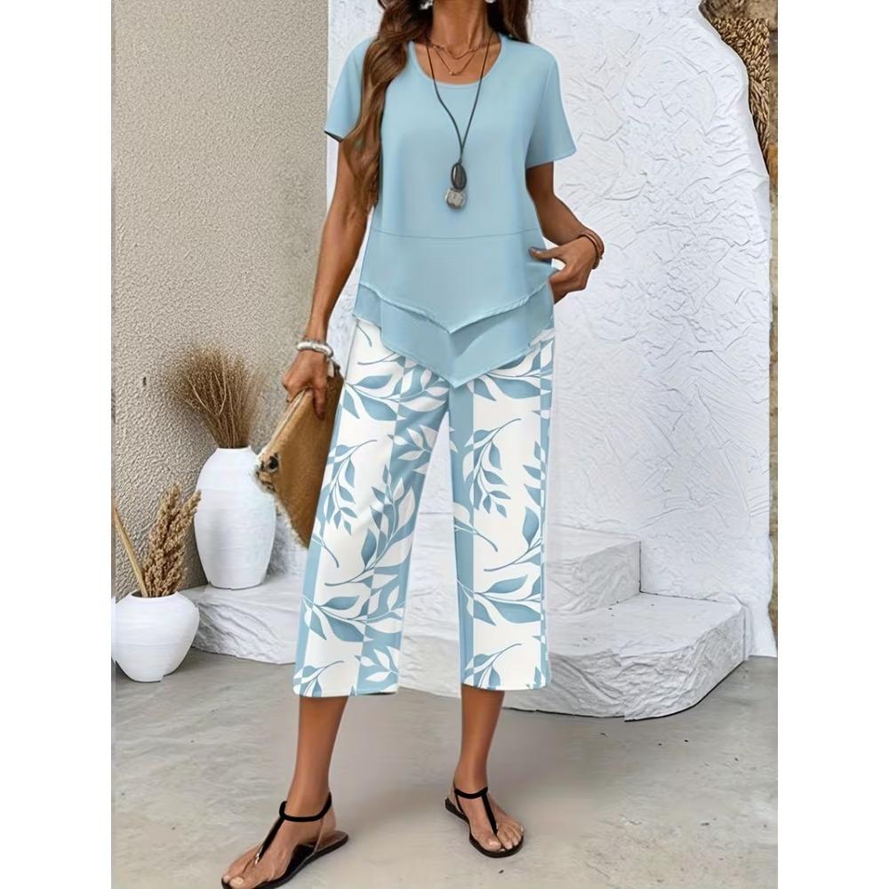 Women Summer Fashion Two Piece Set, Stylish Slimming Short Sleeve Top, High Waist Wide Leg Pants, Elegant Casual Matching Outfit