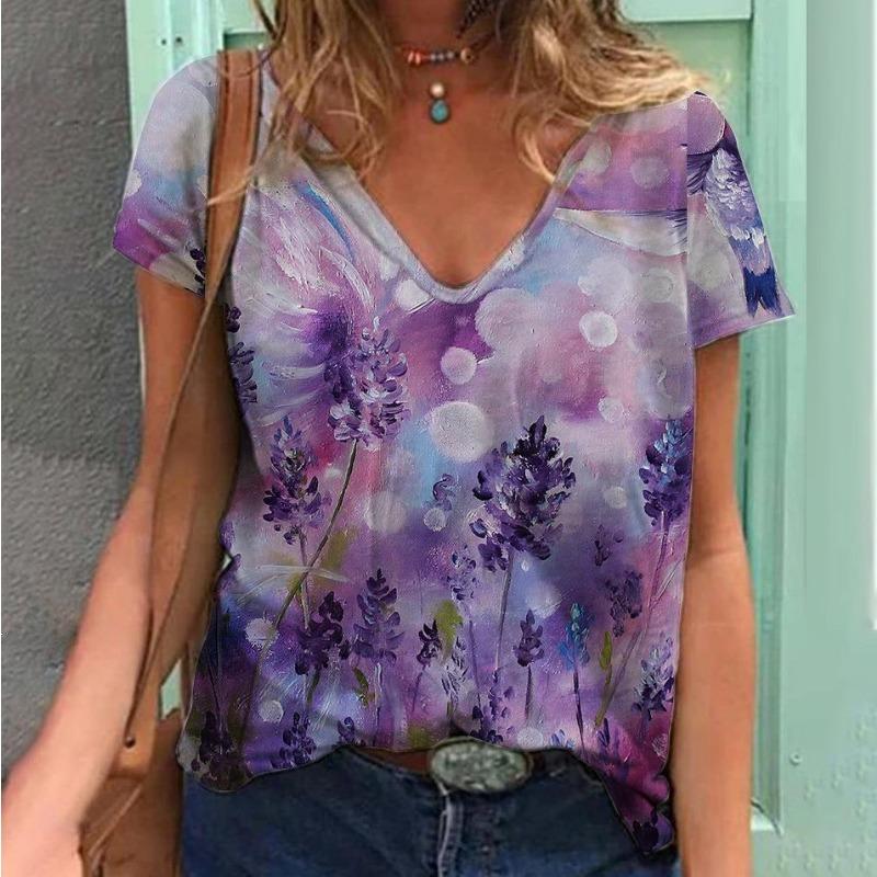 

Женский пуловер с цветочным принтом, женский топ с V-образным вырезом, летняя футболка с коротким рукавом, свободного кроя 5xl