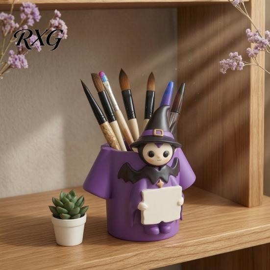 Desktop Storage Ornament Cute Witch Pen Holder, Resin Desk Organizer, Makeup Brush Halloween Organizer Cartoon Stationery Container for Office School