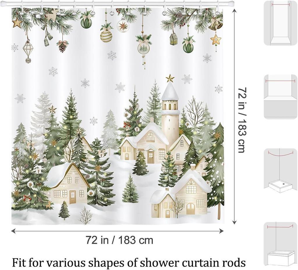 Farmhouse Christmas Shower Curtain, Snowy Xmas Village Cabin Pine Tree Winter Shower Curtain For Bathroom Waterproof Polyester