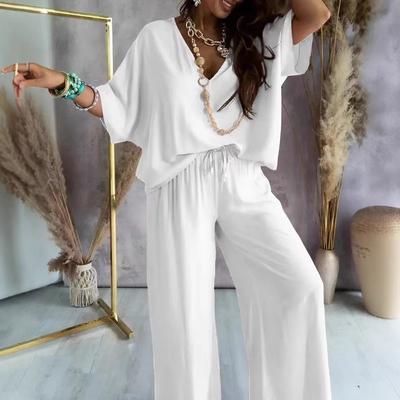 Women's Summer Trousers Suit V-neck Bat Sleeve Casual Top Lace-up Trousers Loose Solid Color Suit Two-piece Set