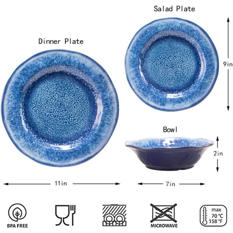 Set di Stoviglie in Melamina Blu da 12 Pezzi, Infrangibile e Lavabile in Lavastoviglie, Ideale per Uso Interno ed Esterno