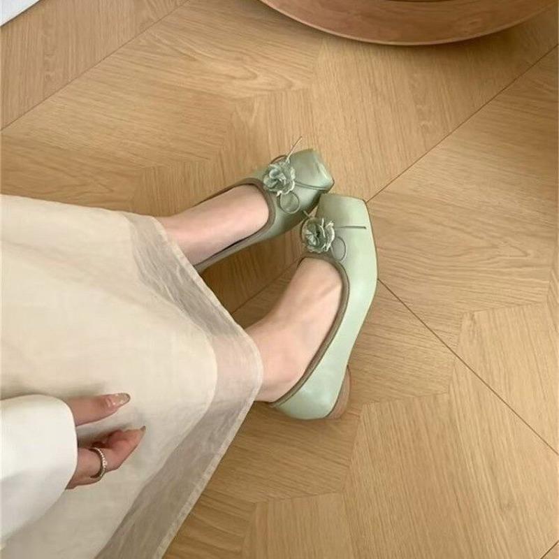 Fashion Women's Chunky Single Shoes Autumn New Square Head Shallow Mouth Flower Butterfly Knot Soft Sole Non-slip Low Top Shoes
