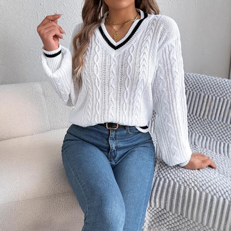 Autumn and Winter V-neck Twist Lantern Long Sleeved Pullover Sweater Women Loose Stripe Tops Ladies Fashion Elegant Casual Office Women's Clothing