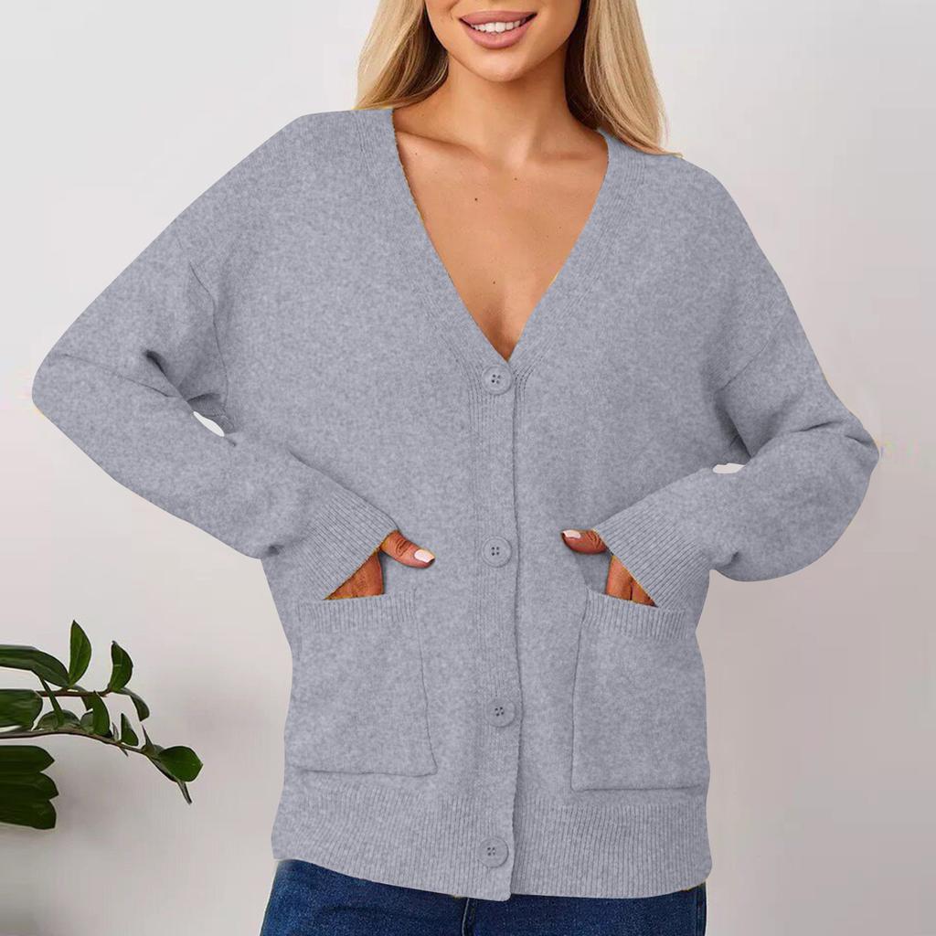 Suéter tipo cárdigan informal de color liso para mujer con bolsillos para abrigo de mujer