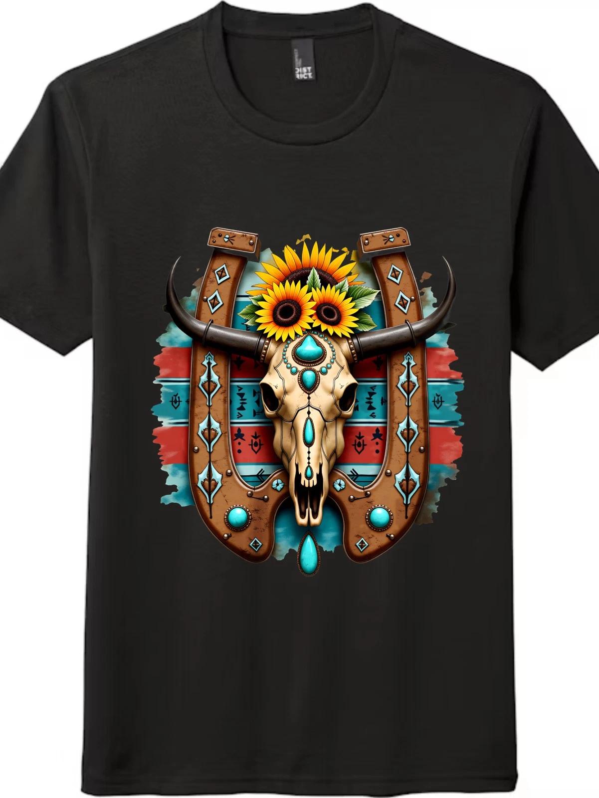 Unisex Vintage Western Bull Skull kids boys T-Shirt Casual Turquoise Sunflower Tribal kids boy kids boy tee 160