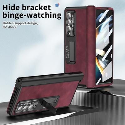 Magnetic Double Hinge Leather Bracket Case for Samsung Galaxy Z Fold 5 4 3 Cover with Film Pen Slot with S Pen for Z Fold5 Fold4