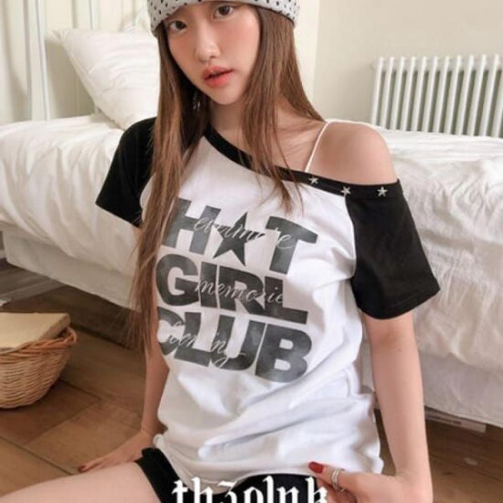 The Pink Loose FiT STar RiveT PrinTing AsymmeTrical One Shoulder T shirT