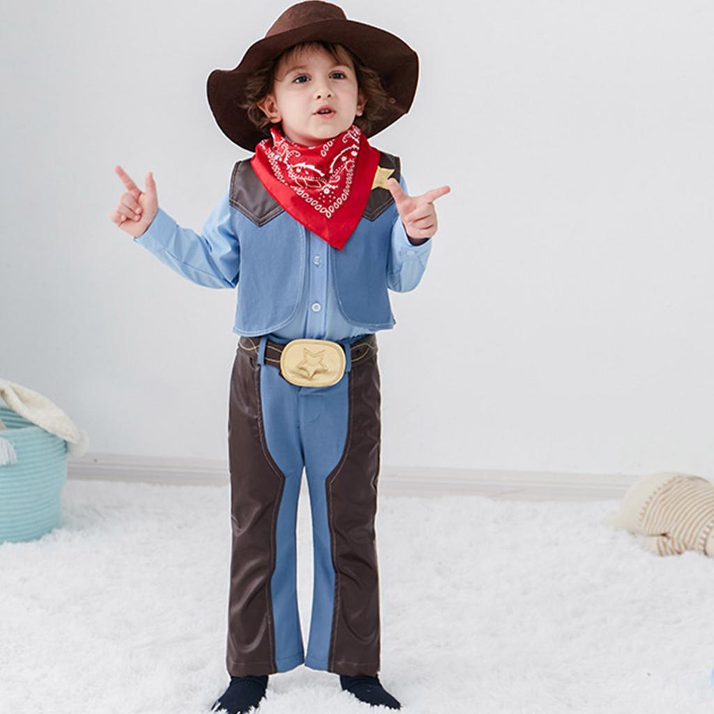 Little Boys Western Cowboy Vest, Pants, Hat, Red Bandana And Belt 5pcs Cosplay Outfit Dress Up Parties Stage Performance Clothing Set