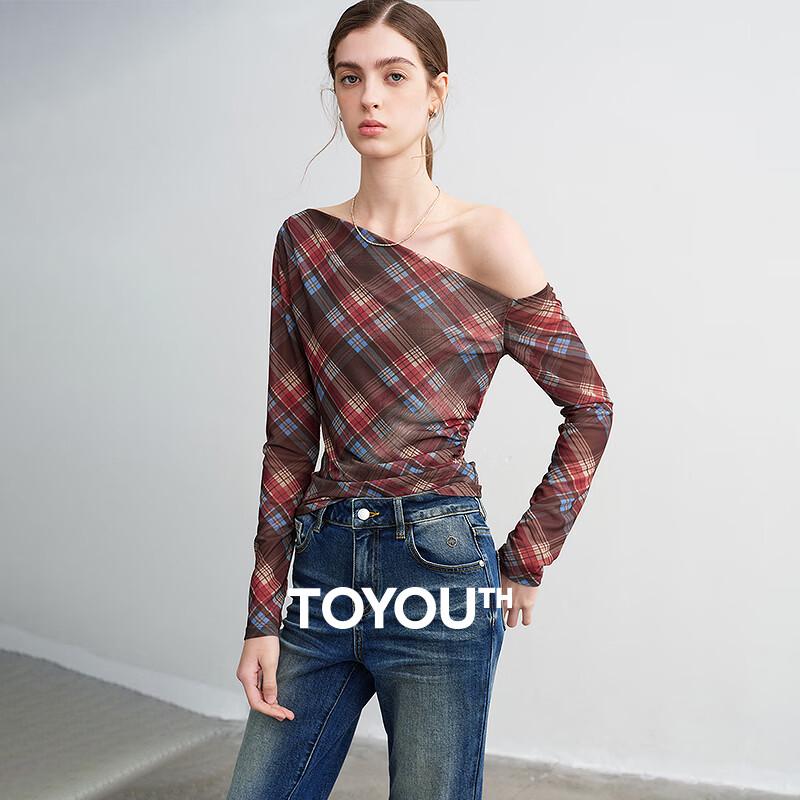Chuyu Plaid Mesh Long Sleeve Off-Shoulder T-Shirt S