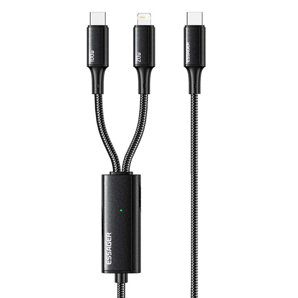 

ESSAGER 100W 2-In-1 1.2m Fast Charging Data Cable Type-C to Type-C+iP Charging Cord with Indicator Light Black