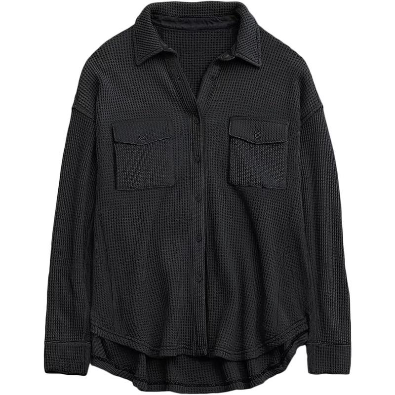 Women's Pocket Shirt Solid Color Casual Oversized Long Sleeve Waffle Weave Top