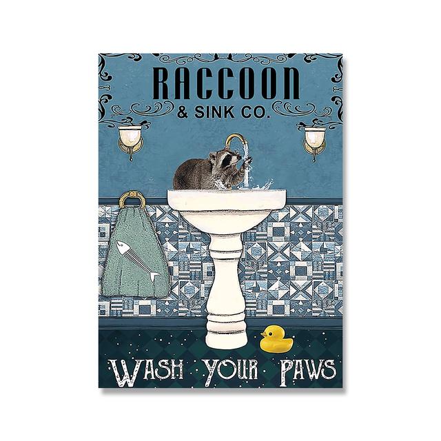 Cute Animals Canvas Painting Black Cat Get Naked Poster Shark Rabbit Raccoon Print Toilet Wall Art Picture Bathroom Home Decor