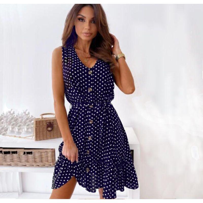 Sexy V-neck Slimming Lace-up Polka Dot Sleeveless Dress