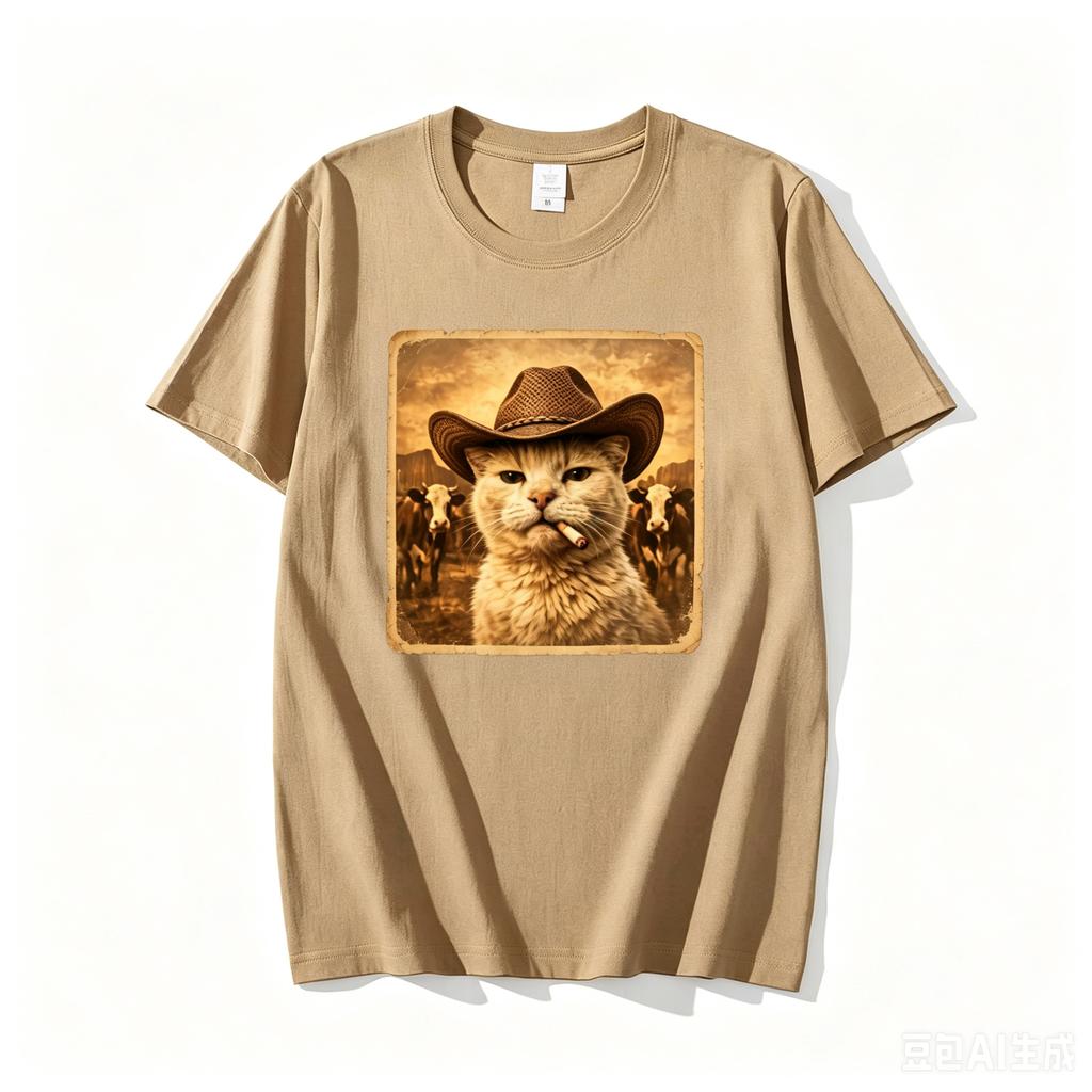 Funny Cowboy Cat Meme T Shirt Unisex Western Graphic Tee Weird Cat Lover Tshirts Retro Meme T Shirts Casual Round Neck Printed Tops