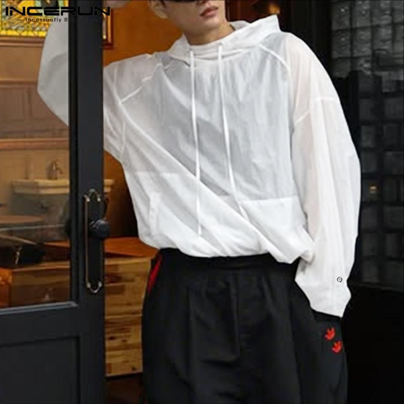 INCERUN Pánské topy s dlouhým rukávem, mírně průsvitné, volné, s kapucí a stahovací šňůrkou