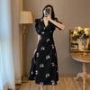 Light and Mature Style Retro Bubble Sleeve V-neck Floral Dress Women's Summer Waist and Thin Chiffon Temperament Medium and Long Skirt