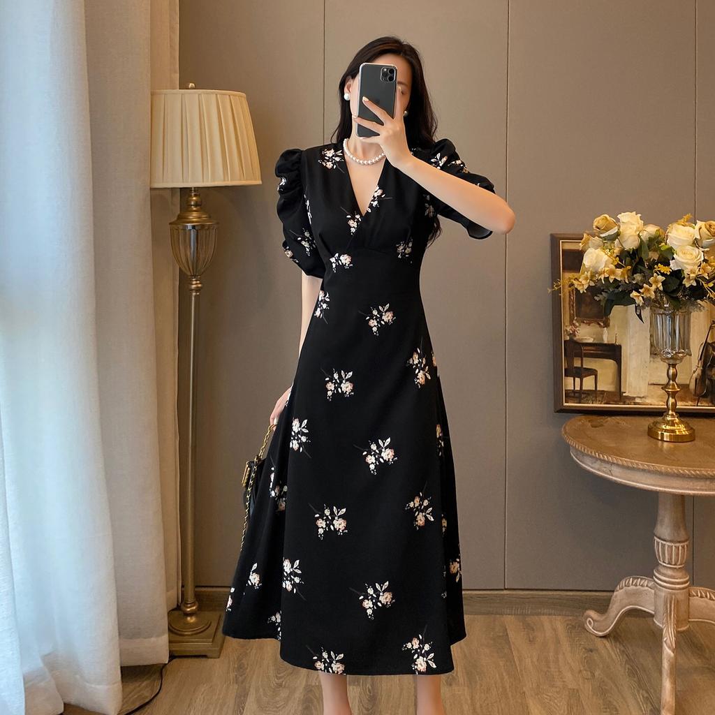 Light and Mature Style Retro Bubble Sleeve V-neck Floral Dress Women's Summer Waist and Thin Chiffon Temperament Medium and Long Skirt
