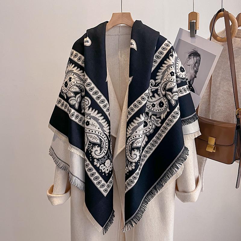 Fashion  Women'S Faux Cashmere Winter Shawl Vintage Print Tassels Thick Warm Pashmina Two-Sided Outdoor Scarf Wraps Foulard