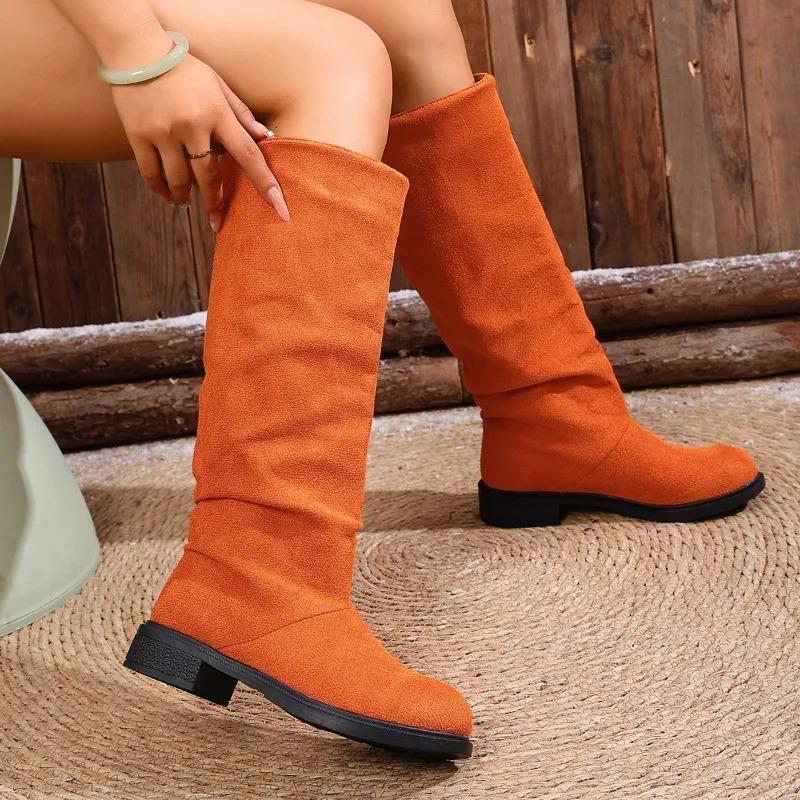 Pleated Boots Women Faux Suede Flock Knee High Boots Women Shoes Fashion Slip On Square Low Heel Knight Booties Mujer