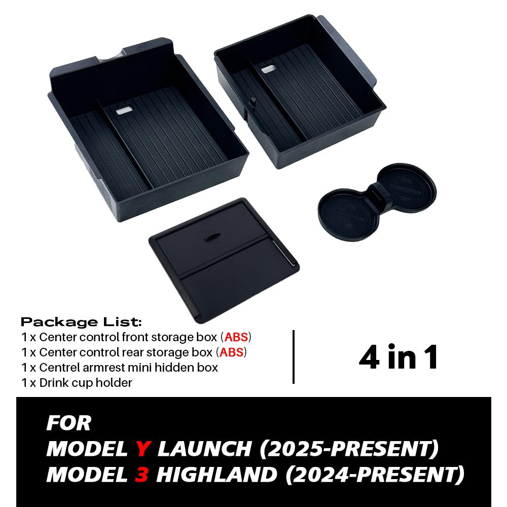 For Tesla New Model Y Juniper Launch 2025 Model 3 Highland 2024 Front Rear Center Console Armrest Hidden Storage Box Watercup