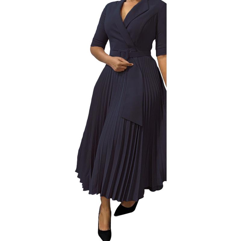 L51 Women's Suit Collar Tie-Waist Pleated African Dress