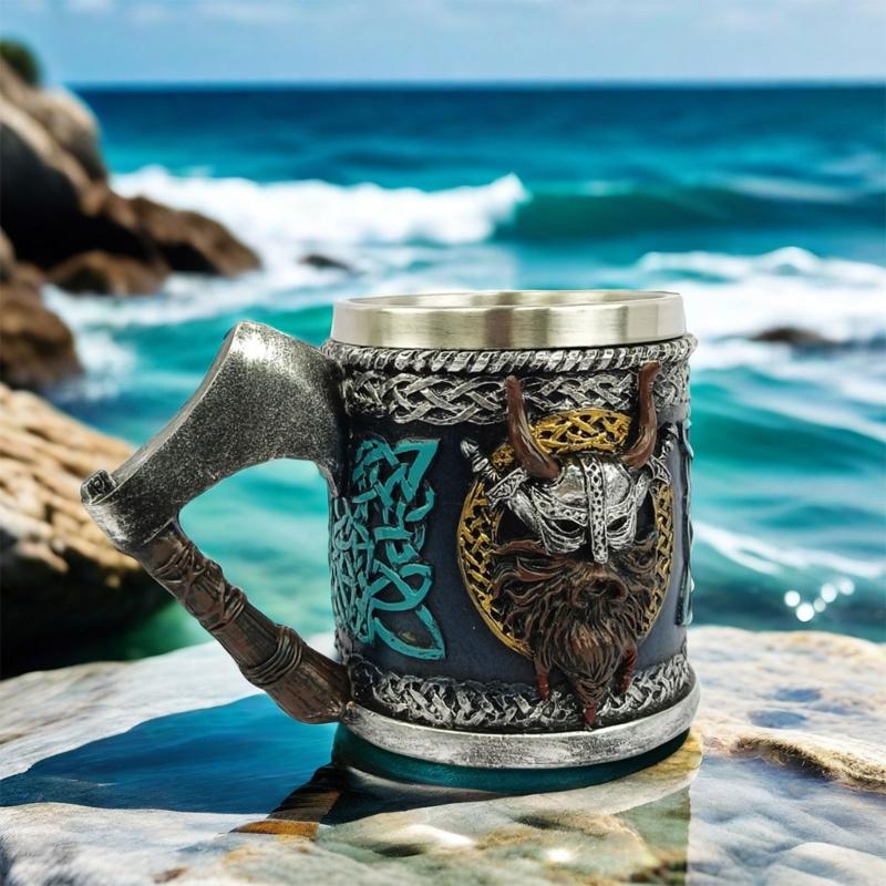 Medieval Pirate Drinking Cup With Ergonomic Axes Handle And Decorative Carvings Beer Mug For Beverage Enthusiasts Gift