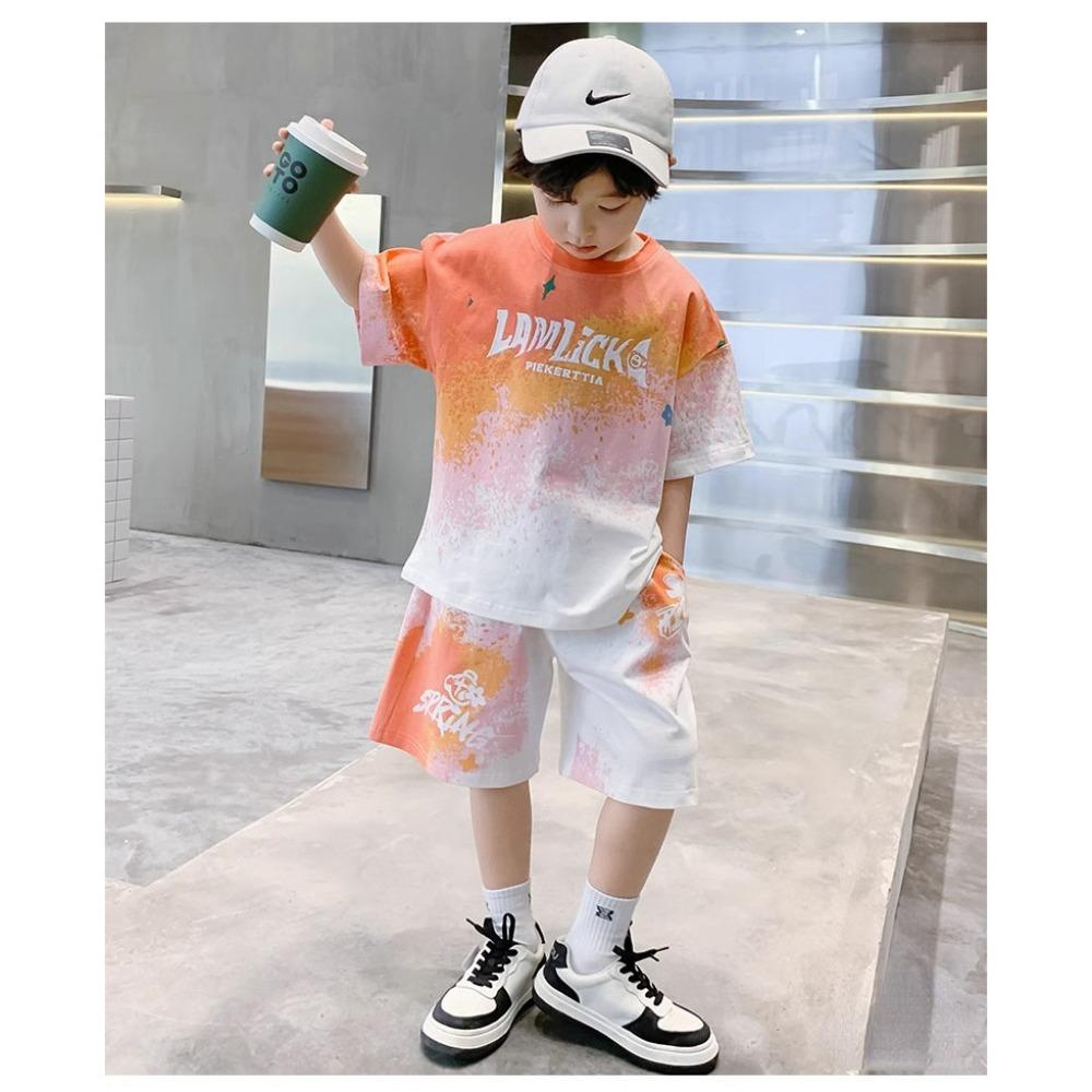 Summer children's gradient color letter sports suit, boys' fashionable short sleeved shorts casual wear