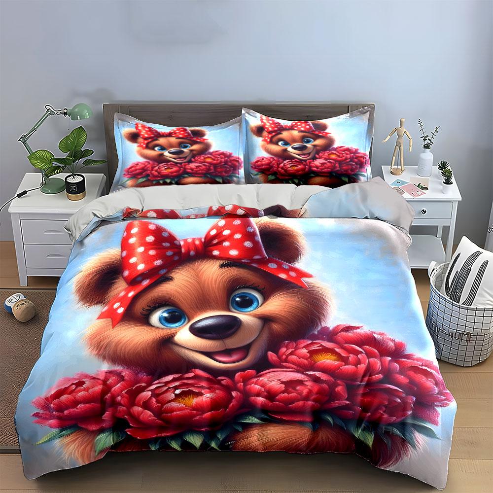 "Floral Teddy theme Gift bedding Set" Exquisite three-piece bedding set gift for kids and adults