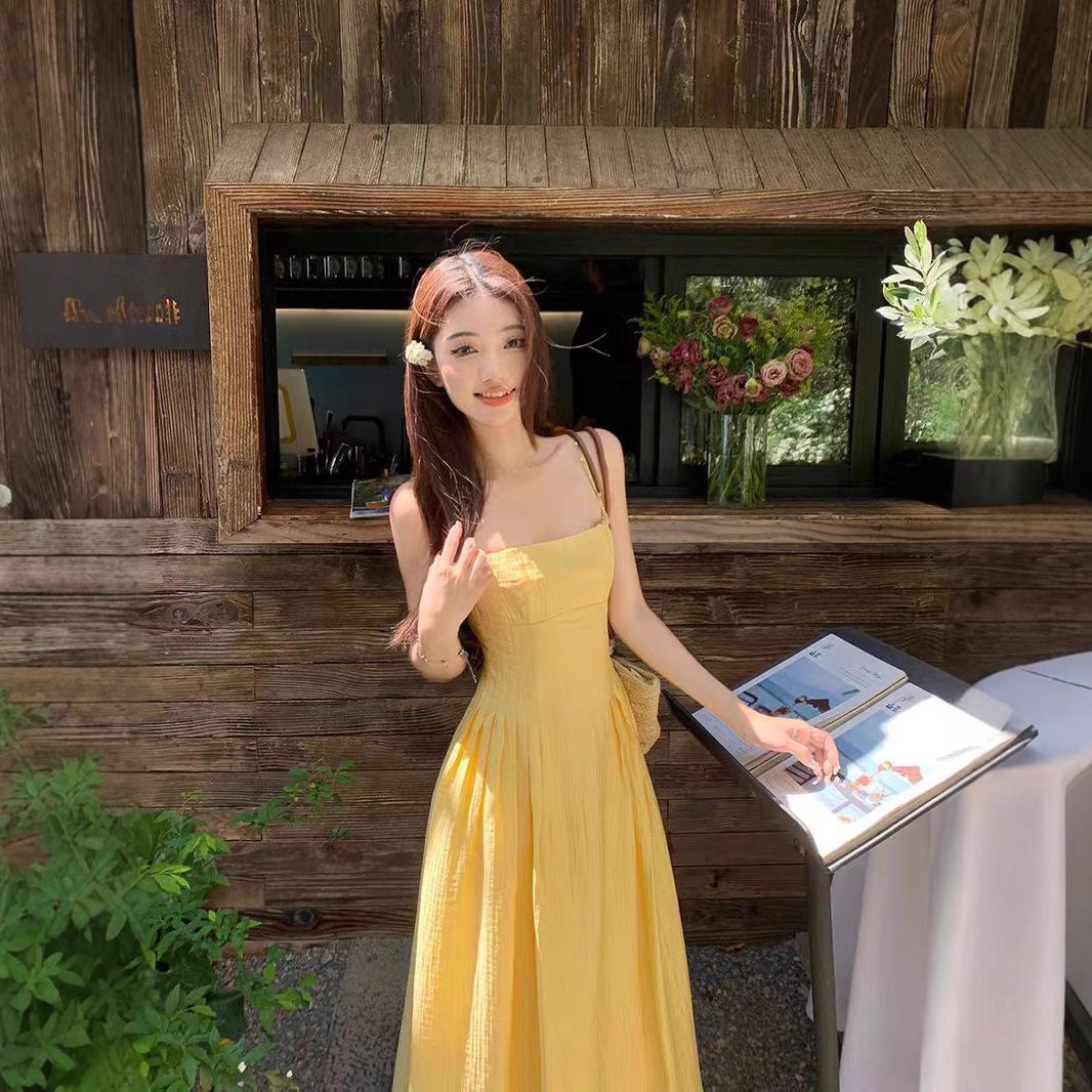 French halter sexy yellow suspender dress summer new suspender dress waist long dress vacation skirt S