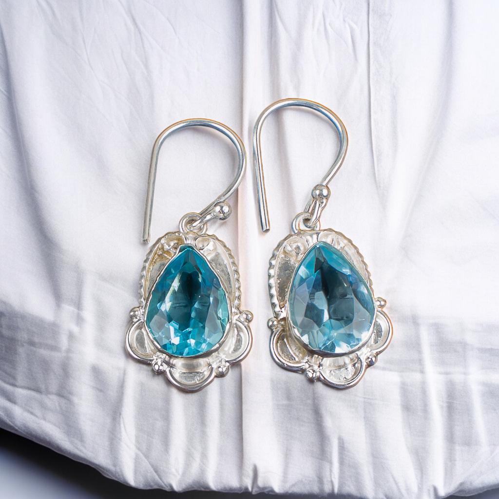 Echter himmelblauer Topas Edelstein 925 Sterling Silber Handgefertigter Schmuck Ohrringe EE-41-2