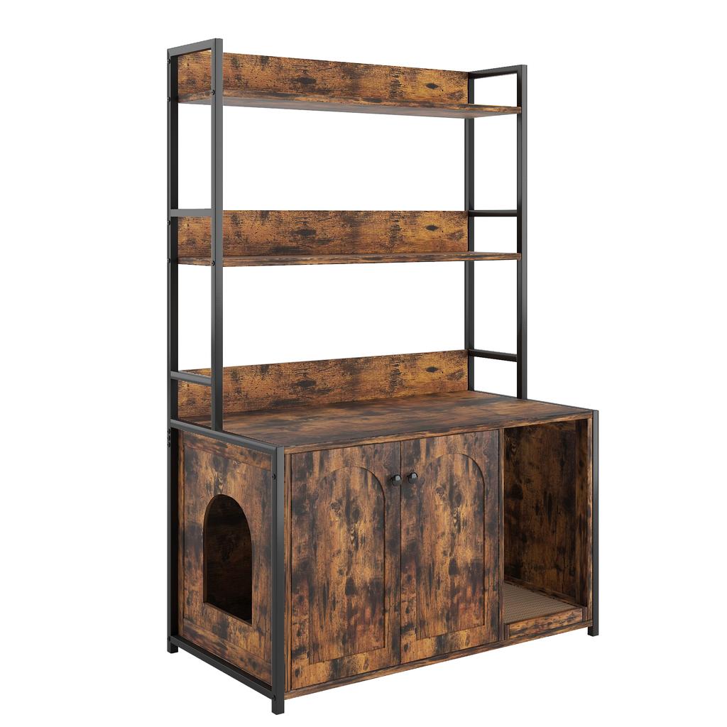 Large Cat Litter Box Enclosure with Storage Shelf, Wooden Cat House with Scratch Pad, Sturdy Indoor Pet Cabinet with 2 Doors for Odor Control, Brown
