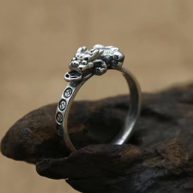 Adjustable Open Ring Men Women Plated Copper Vintage Pixiu Lucky Charm Retro Geometric Style
