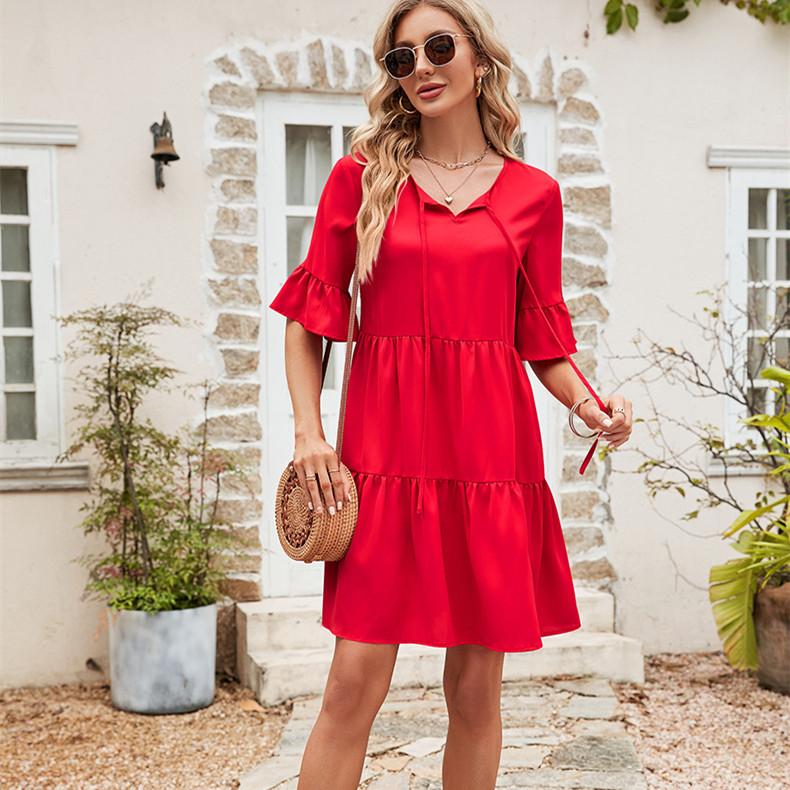 HNXC Damenmode Sommer Frühling Einfarbiger Druck Kurzarm V-Ausschnitt Hohe Taille Freizeitkleider