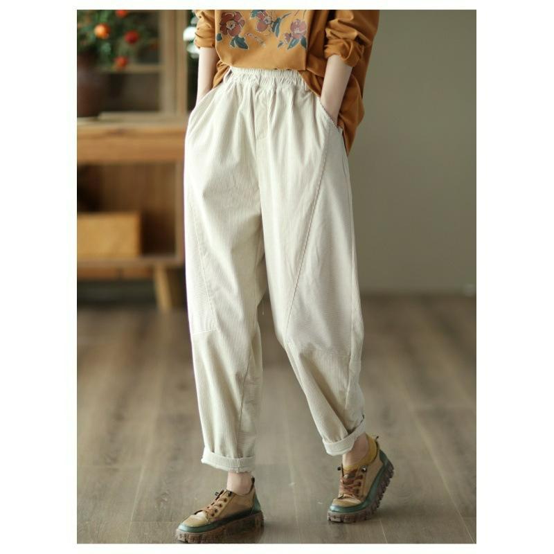 Frühlings- und Herbstliteratur und Kunst-Retro-Haremshose aus Baumwollcord für Damen mit elastischer Taille und schlankmachender Damenhose, lässige Samthose