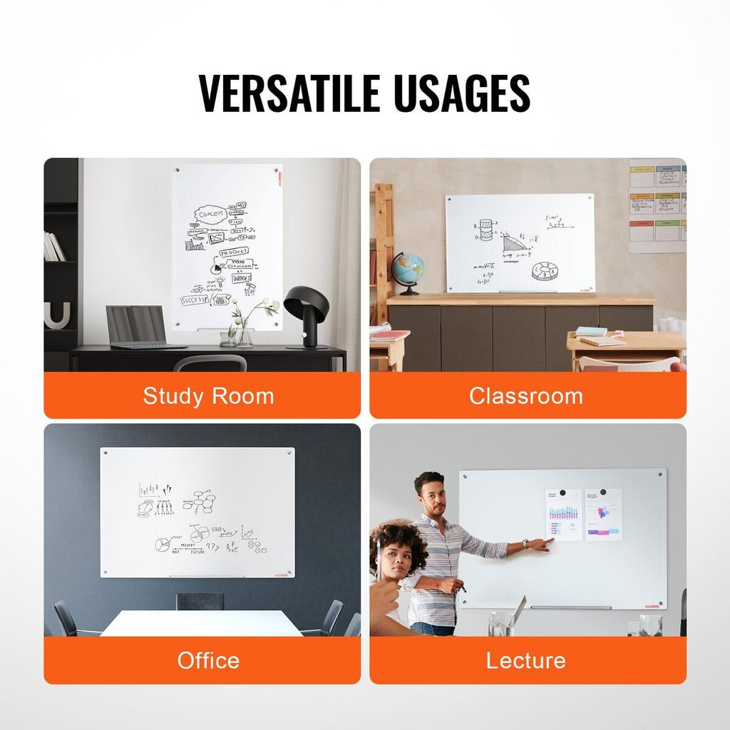 Magnetic Glass Whiteboard, Dry Erase Board 1200 x 800 mm, Wall-Mounted Large White Glassboard Frameless, with Marker Tray, an Eraser and 2 Markers,
