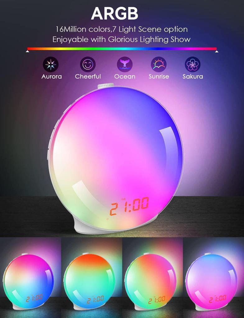 Sonnenaufgangs- & Sonnenuntergangssimulations-Wecker mit FM-Radio und buntem Nachtlicht für Kinder.