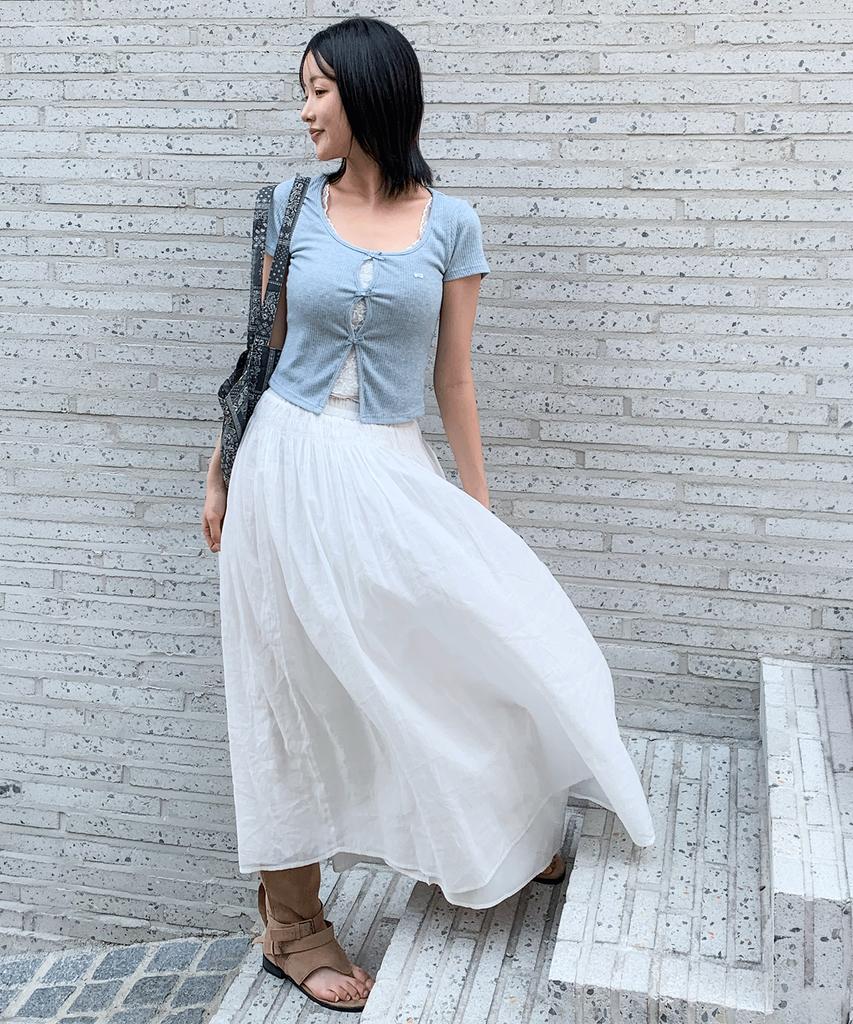 Cool Kitten Flare Long Skirt With Shirred Waist Detail (White)