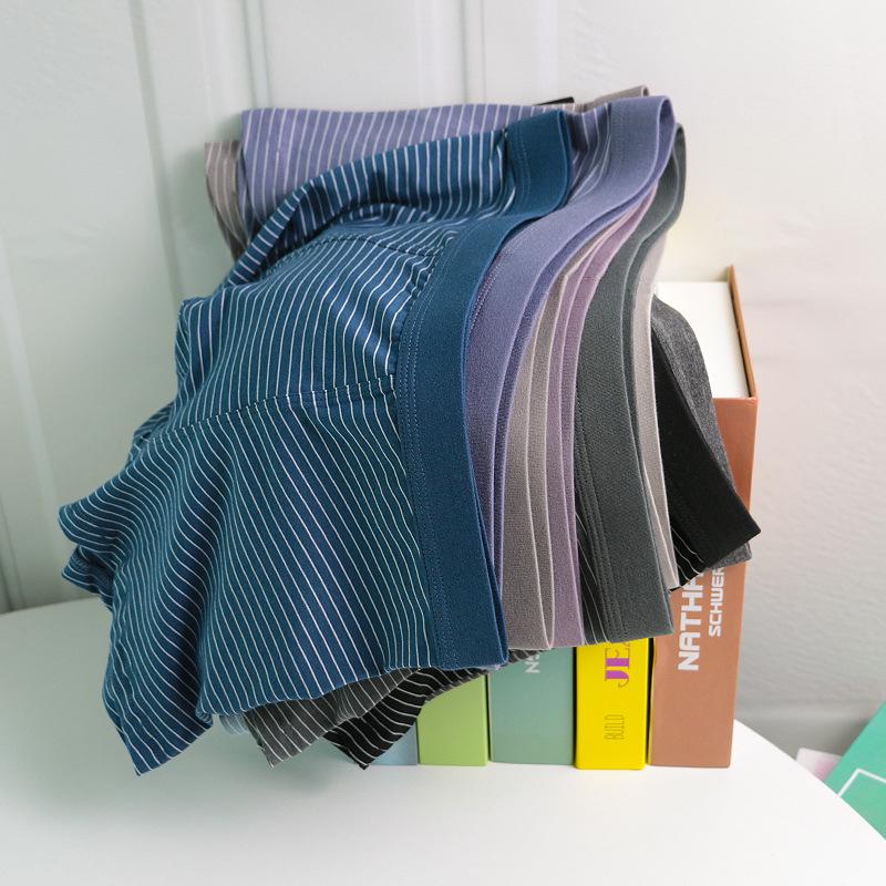 Men's Breathable Cotton & Modal Striped Boxer Briefs, Mid-Rise Fashion Style
