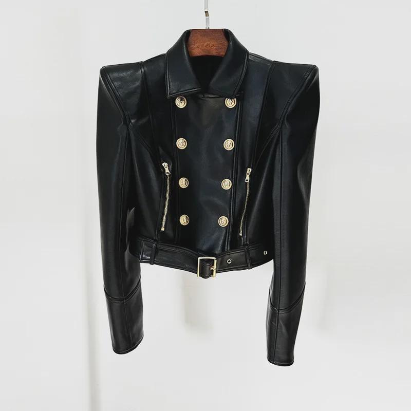 In Stock: Spring 2025 Celebrity Fashion Padded Shoulder Double-Breasted Short Motorcycle Leather Jacket
