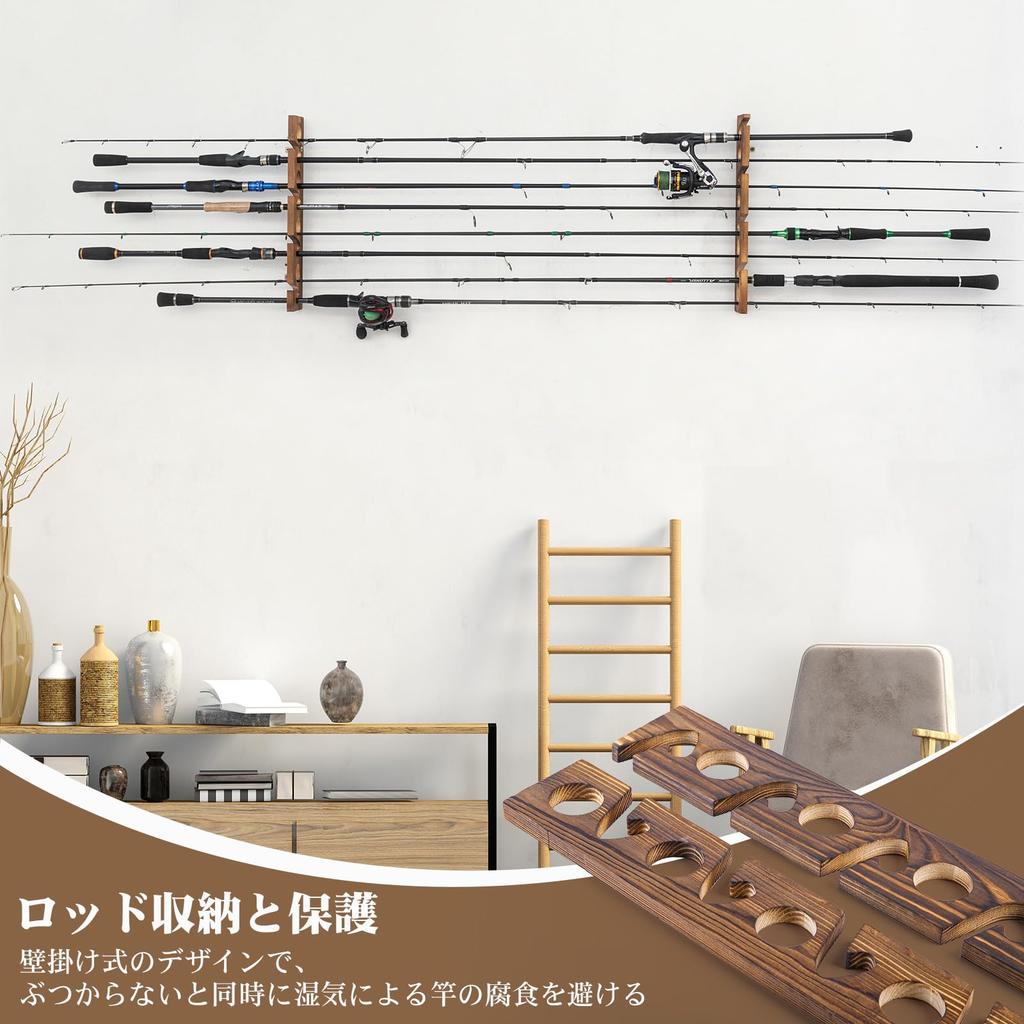 Goture Rod Stand Solid Japanese Instruction Manual 8 Set of 1 Fishing Tackle Easy To Removable Wooden Ceiling or Wall Mountable Wall-Mounted (Natural