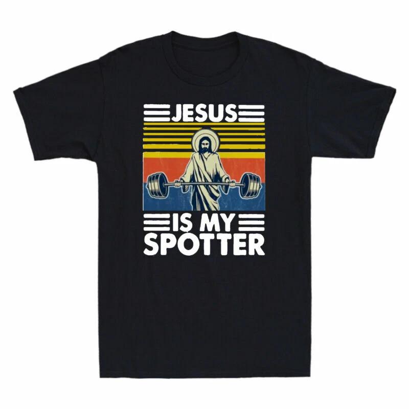 Fitness Jesus Is My Spotter Funny Gym & Workout Vintage Men s T-Shirt Cotton Tee L
