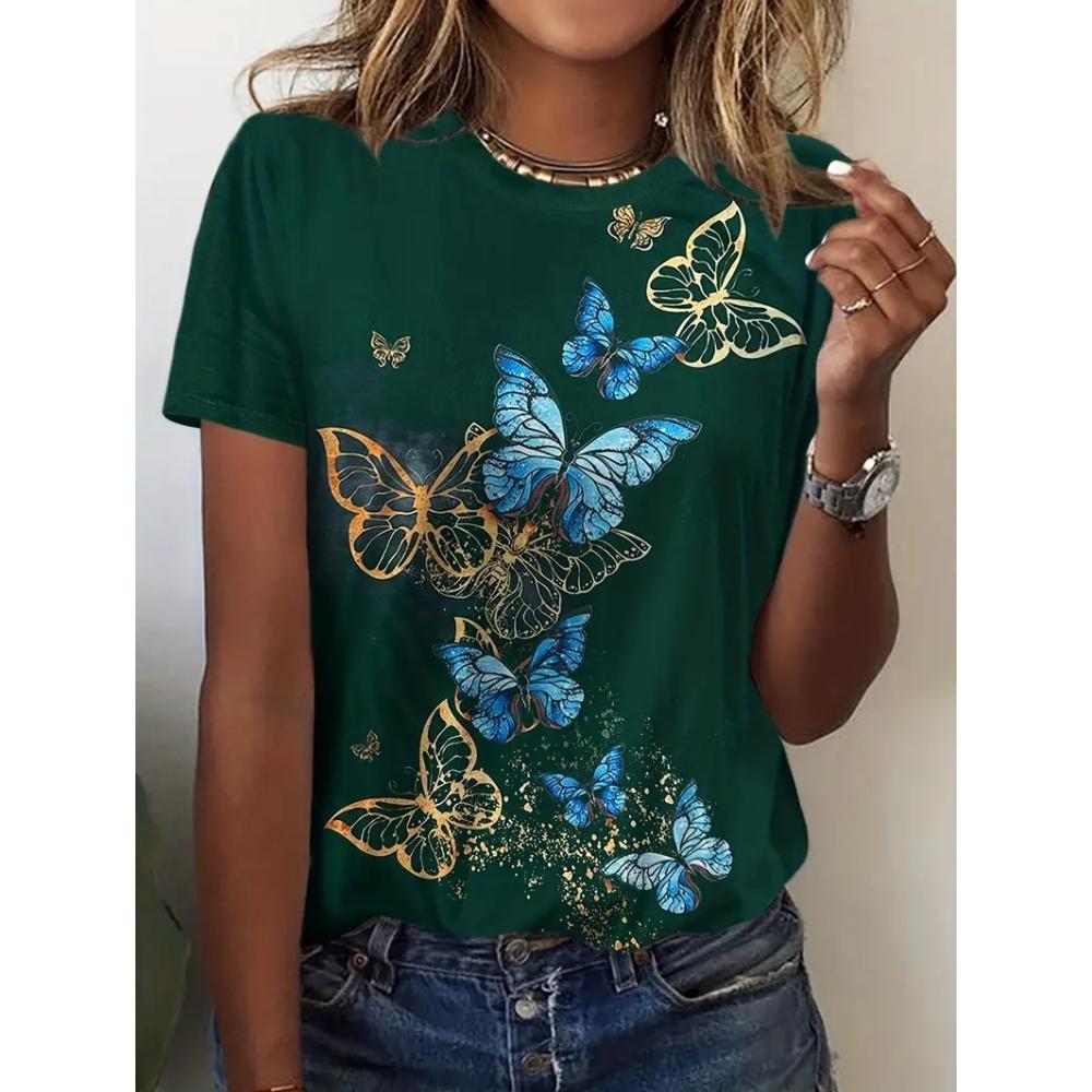 Summer Round Neck 3D Butterfly Pattern Printed Top Fashionable Casual Short Sleeved Women's T-shirts